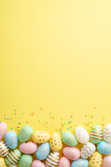 Wall Mural - easter celebration concept. top view vertical photo of colorful easter eggs and confetti on isolated