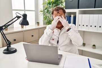 Sticker - Senior doctor man working on online appointment rubbing eyes for fatigue and headache, sleepy and tired expression. vision problem