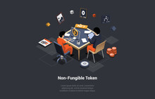 Non Fungible Token Blockchain. Characters Analyse And Buy NFT At Marketplace In Order To Collect And Get Profit, Pay For Unique Collectibles In Games Or Art. Isometric 3D Concept Vector Illustration