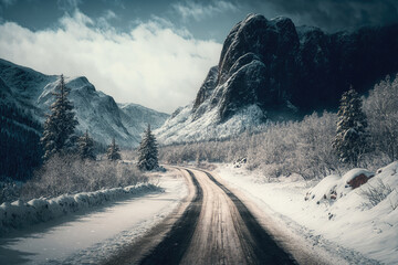 Poster - winter landscape in the mountains with a snowy and frozen road. Generative AI