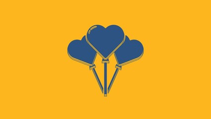 Sticker - Blue Balloons in form of heart with ribbon icon isolated on orange background. 4K Video motion graphic animation