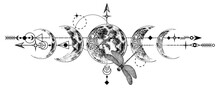 Vector Illustration Of Mystical Moon Phases And Dragonfly
