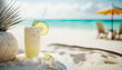 A delicious cold cocktail drink with a colorful umbrella and tropical fruits served on a white sandy beach. Generative AI creates a refreshing atmosphere perfect for a hot summer day. Generative AI