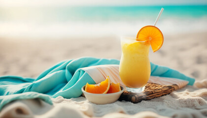 A delicious cold cocktail drink with a colorful umbrella and tropical fruits served on a white sandy beach. Generative AI creates a refreshing atmosphere perfect for a hot summer day. Generative AI