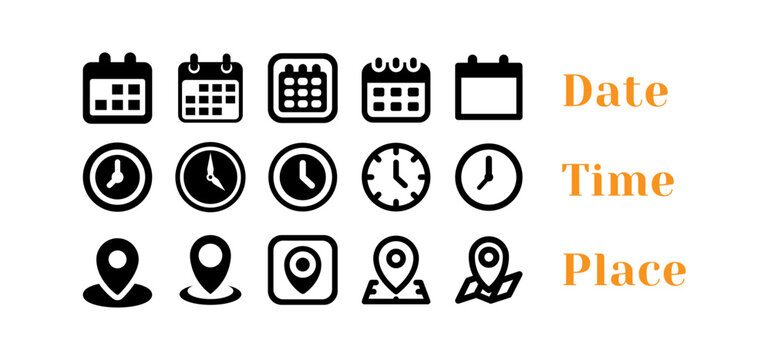 date, time, address or place icons symbol set