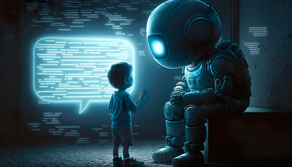 Canvas Print - Children talking with robotic ai,chat bot.futuristic technology or machine learning data development concepts.ai generated technology
