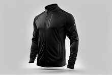 Black Jacket Front View. Training Black Sport Wind Proof Jacket On White Background. Generative Ai. 3D Style Illustration. Mockup Template.