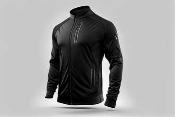 Wall Mural - Black Jacket front view. Training black sport wind proof jacket on white background. Generative Ai. 3D style illustration. Mockup Template.