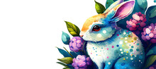 Watercolor Painting Of Rabbit Banner With Copy Space As Illustration Of Easter Bunny Hiding In Hydrangea Flowers Generative AI Art