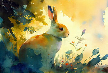 Wall Mural - Watercolor painting of wild rabbit in forest as illustration of Easter bunny generative AI art	
