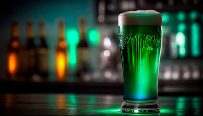 Green beer with blur night bar club in the background and copy space. St. Patricks day concept. Generative AI.