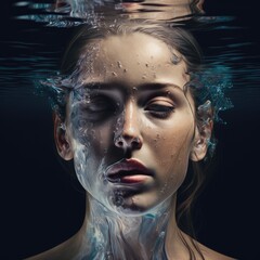 Abstract art in beautiful face woman in underwater seascape concept. Concept of closeup makeup face in swirl water design. Finest generative AI.