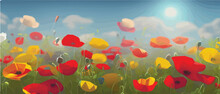 Multicolored Poppy Flowers In Bloom In The Grass Close Up Banner Vector Illustration On Blue Sky Background. Spring Landscape Background. Summer Flowering Plant Symbol. Flower Landscapes Illustration
