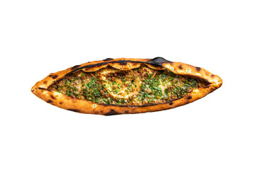 Wall Mural - Turkish pide pie with beef meat and vegetables.  Isolated, transparent background