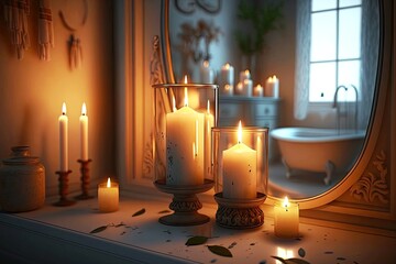 Poster - romantic soft lighting in form of burning candles in bathroom with candles, created with generative ai