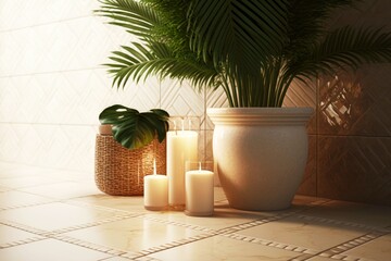 Poster - beige tiles bathroom with candles and green palms in vase on floor, created with generative ai