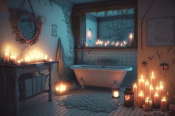 Poster - romantic bathroom with candles and decorations on walls, created with generative ai