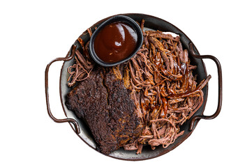 Poster - Slow Cooked Pulled Beef, Traditional meat rubbed with spices and smoked in a Texas smoker. Isolated, transparent background