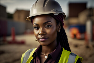 Wall Mural - Portrait of a black woman construction worker wearing hart hat. Generative ai