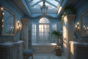 Canvas Print - soft romantic bathroom with candles and clear blue skylight, created with generative ai