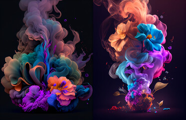 Poster - Beautiful, colorful flowers into neon smoke illustration. Isolated composition on dark tone background. 3d flowers composition