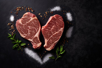 Wall Mural - Raw steak on a slate. Two raw steaks on a dark shale background. generative ai. Slice of meat with salt, pepper and herbs