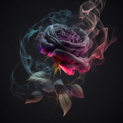 Rose in the smoke.Flower in the smoke on a dark background. Rose and smoke. Growth. Generative AI.