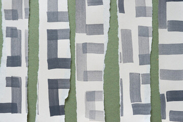 Poster - abstract torn paper stripes with pattern on rough green paper