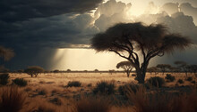 African Savannah Landscape With Acacia Trees And Stormy Sky. Generative AI