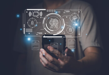 Selective focus at human hand while type or input a command to navigate chatbot or AI to get answer or information from big database. Artificial intelligence that can provide SEO or business info