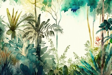 Wall Mural - Tropical plants and trees watercolor painting for texture background photo wallpaper. Generative AI