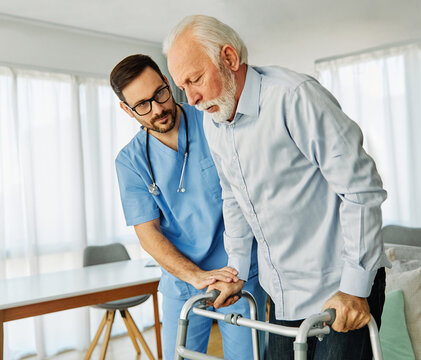 nurse doctor senior care caregiver help walker assistence retirement home nursing elderly man hospit