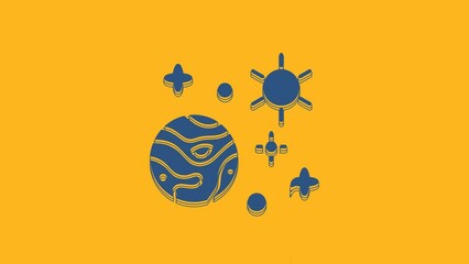 Wall Mural - Blue Space and planet icon isolated on orange background. Planets surface with craters, stars and comets. 4K Video motion graphic animation