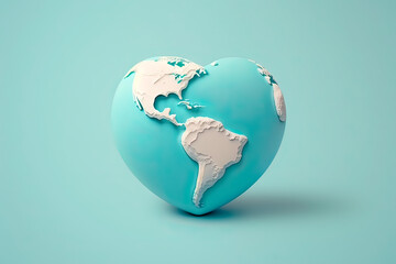 Heart shaped planet Earth on isolated pastel blue background. Minimal creative concept of travel agency or Earth Day greetings card. Generative AI