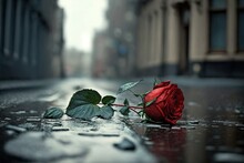 Abandoned Rose Is Lying On The Ground. Quarrel, Divorce, Broken Heart, Separation, Tragedy.
