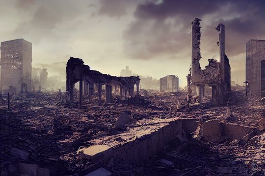 destroyed city concept landscape background illustration, building between the ruins and concrete, w