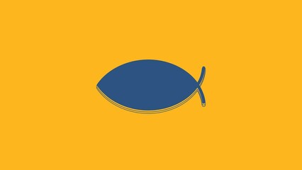 Poster - Blue Christian fish symbol icon isolated on orange background. Jesus fish symbol. 4K Video motion graphic animation