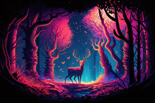 Illustration Painting Of Deer Walking Across The Neon Forest. Luxurious Abstract Art Digital Painting For Wallpaper (ai Generated)