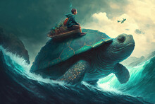 Illustration Painting Of Boy Sitting On Giant Tortoise In The Ocean, Digital Painting (ai Generated)