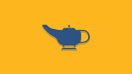 Sticker - Blue Magic lamp or Aladdin lamp icon isolated on orange background. Spiritual lamp for wish. 4K Video motion graphic animation