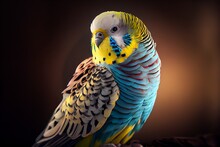Close Up Of A Budgerigar, Blue Yellow Bird With Light Background. Generative AI, Generative, AI