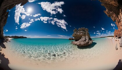 Wall Mural - A beautiful beach with crystal clear water and a blue sky 24mm lens f/11 naturalistic wide  Generative AI