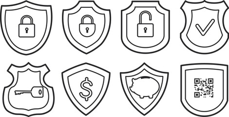 Vector linear illustration of shields of various shapes. Set on the concept of protection and security. financial security