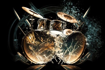 Poster - double exposure of drums and cymbal on black background, created with generative ai