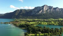 Aerial View Of Mondsee With The Golf Course,austrian Region Salzkammergut,travel Photography By Drone,
