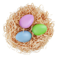 Wall Mural - Straw nest filled with white eggs, top view isolated on transparent background. Happy Easter decorations, template for tag, gift greeting card, advertising promo shopping banner or ticket price