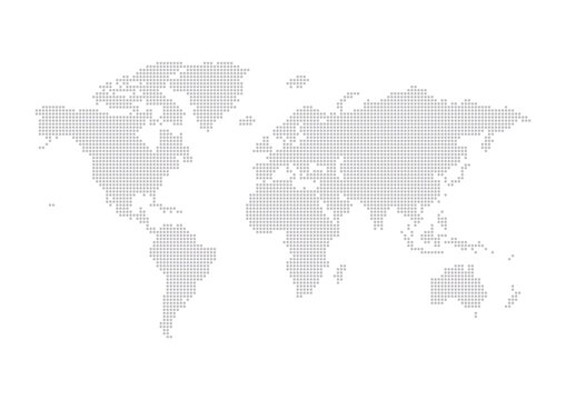 グレーの世界地図 - 角が丸い四角いで作ったドットのワールドマップ
