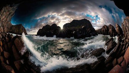 Wall Mural - A mesmerizing shot of a rugged coastline with waves crashing against the rocks 16mm lens f5.6 dynamic ultra  Generative AI