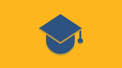 Sticker - Blue Graduation cap on globe icon isolated on orange background. World education symbol. Online learning or e-learning concept. 4K Video motion graphic animation