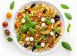 top view pasta salad with vegetables on white background IA